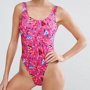 ASOS Swim Pink Confetti 80s High Cut One-Piece Swimsuit Size US 6